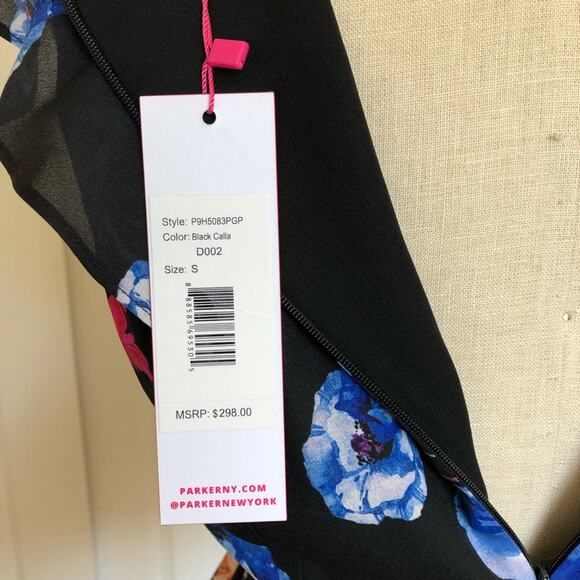 PARKER Black Floral Ruffled Mini Dress Small Colorful Glam NWT - Picture 4 of 7